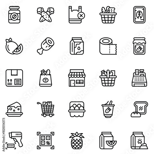 Grocery Store, Supermarket, and Shopping Line Icon Set. Collection of Food, Retail, and Daily Essentials Outline Symbols.