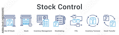 Stock control banner web icon managing shortage alerts, inventory methods, turnover ratios, and transfer operations.