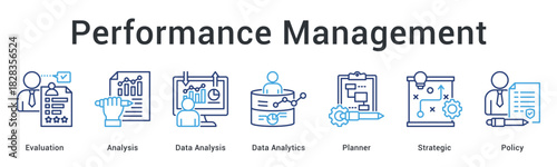 Performance management banner web icon featuring evaluation and analytics with strategic planning and policy frameworks.