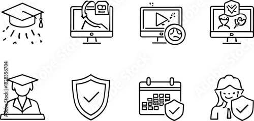 Education icons, online learning, certification, graduation cap, video tutorial, headset, calendar, shield, checkmark, monitor, student