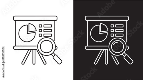 Presentation board with pie chart and magnifying glass simple line vector icon for data analysis isolated on white and black background