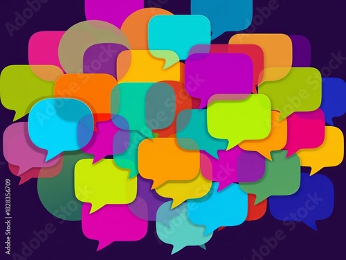 Vector illustration of colorful, overlapping speech bubbles forming a dynamic cluster, symbolizing a lively discussion,  vector,  overlapping