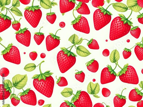 Whimsical strawberry pattern, bursting with sweet berry joy  Fresh fruit art, garden vibes  Sweet, juicy, berry mood ,  pattern,  refreshment