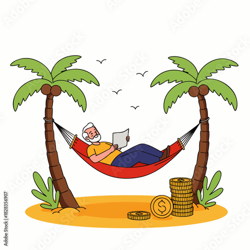 A senior man enjoys retirement, reading in a hammock between palm trees on a beach, symbolizing financial freedom and leisure.