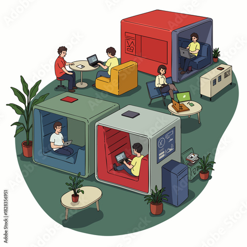 Contemporary co-working environment showcasing individuals engaged in focused activities inside innovative soundproof privacy pods, promoting efficiency and concentration.