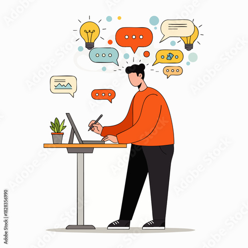 A creative male professional is actively engaged in brainstorming and digital communication, generating innovative ideas and strategies while working remotely on his laptop.