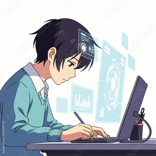 A focused anime character diligently works on a laptop and drawing tablet, surrounded by futuristic holographic data, symbolizing modern digital creativity.