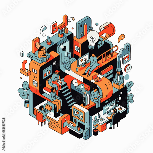 A vibrant isometric illustration captures a bustling modern office environment, showcasing diverse teams collaborating on innovative projects within a multi-level setting.