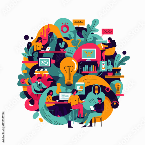 A vibrant, abstract illustration showcasing diverse individuals actively collaborating on innovative projects within a dynamic, interconnected digital workspace.