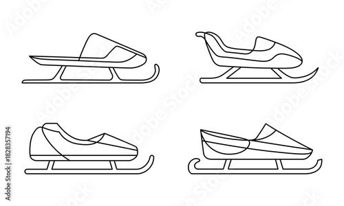 Collection of Winter Sled Silhouette Illustrations for Seasonal Graphics and Holiday Designs Featuring Different Styles and Outlines for Winter Activities