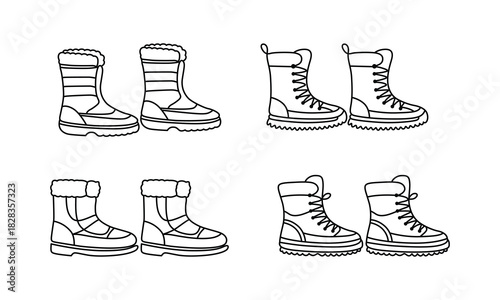 Various Winter Boots Designs in Outline Vector Illustration for Fashion and Cold Weather Activities