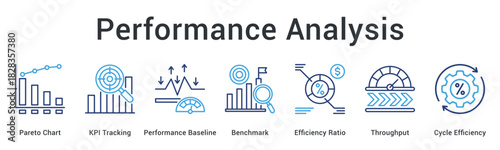 Performance Analysis banner web icon tracks KPIs against baseline benchmarks measuring efficiency ratios and throughput cycles.