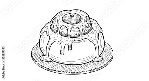 Sweet cinnamon roll illustration with dripping icing, perfect for bakery menus, blogs, or recipe cards, a delicious treat for any project