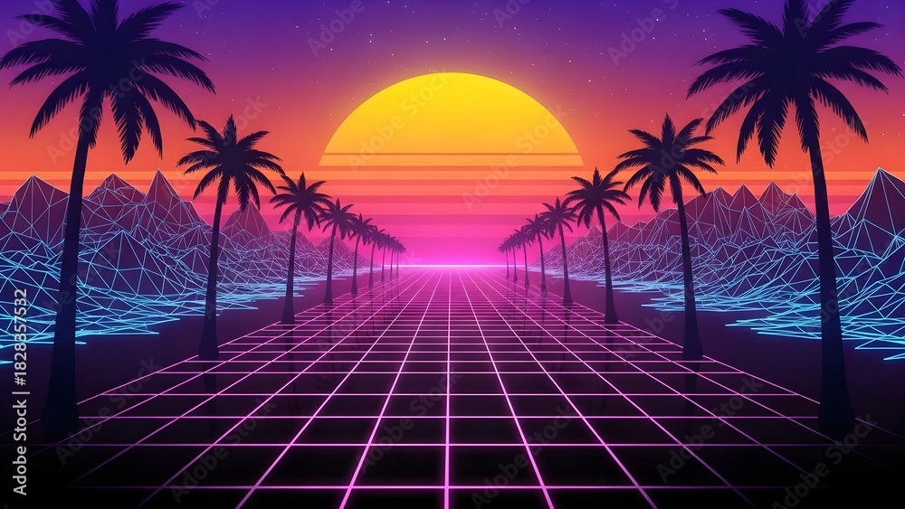 Fototapeta premium Retro wave synthwave background with palm trees sunset and grid landscape illustration wallpaper design