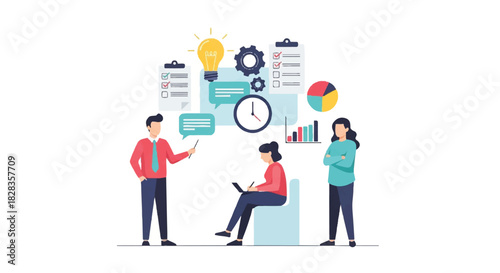 Business team collaborating on project management, brainstorming ideas, and planning company strategy with workflow icons