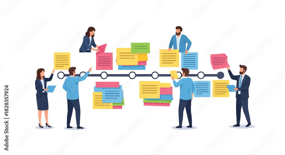 Fototapeta premium Team Collaboration on Timeline with Sticky Notes for Project Management and Workflow