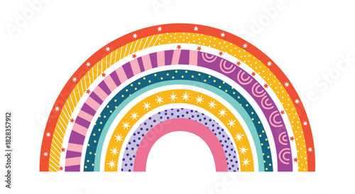 Vibrant rainbow illustration with playful patterns, perfect for children's designs and cheerful backgrounds, evokes happiness and imagination for joyful projects