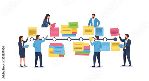 Team Collaboration on Timeline with Sticky Notes for Project Management and Workflow
