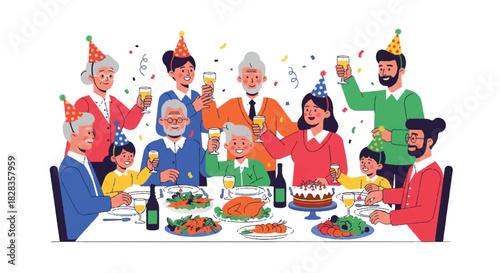 Joyful multi-generational family celebrating a special occasion with a festive dinner party and toast around a bountiful table