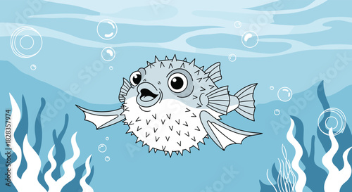 Delightful pufferfish swimming through the blue sea, surrounded by bubbles and swaying seaweed, perfect for children's books and educational materials