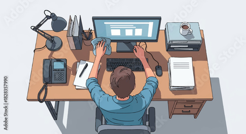 A person cleaning a desk with a computer and office supplies, emphasizing organization and cleanliness