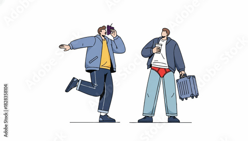 Illustration of two men, one holding a phone, the other holding a coffee cup and luggage, expressing joy and excitement