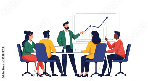 Diverse business team collaborating on financial strategy during a presentation, showcasing growth and successful project development