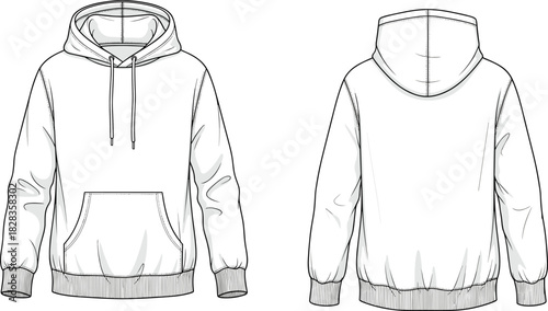 Hoody sweatshirt technical drawing, front and back views, fashion flat sketch, men's / women's casual wear, loungewear, sportswear, comfortable, versatile, vector, illustration, garment, blueprint.