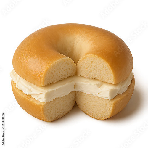 Golden Bagel With Cream Cheese Filling, Cut In Half For Breakfast Or Snack