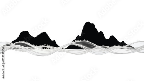 Serene mountain peaks emerge from flowing abstract water waves under a bright sky.