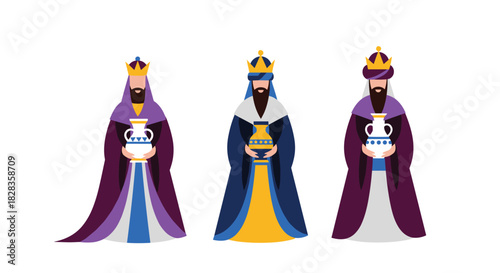 Three wise men holding gifts for baby Jesus, a vibrant and colorful modern illustration for Christian Christmas celebrations and Epiphany