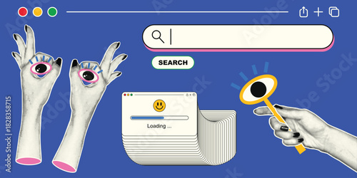 Pop Art Collage Illustration of Vintage Hands with Surreal Eyes, Magnifying Glass, and Retro Loading Screen for Web Search Concepts