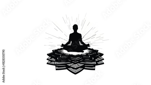 Silhouette of a person meditating peacefully on a lotus flower, radiating calm energy.