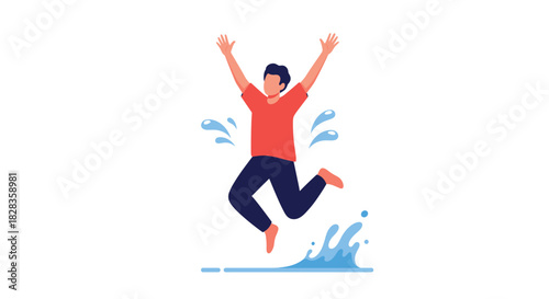 Carefree person leaps joyfully into water, arms raised in celebration of summer fun and happiness, perfect for travel advertisements or wellness campaigns