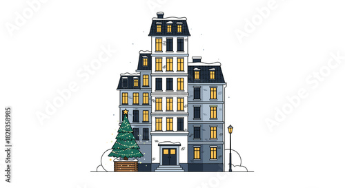 Charming winter cityscape with a festive Christmas tree, bringing holiday cheer and cozy vibes to any project or design with its whimsical style