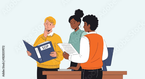 Team collaborating and discussing documents at a desk