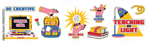 Education graphic computer backpack lightbulb pencil lamp books all with cartoonish outlines pastel colors and bold labels