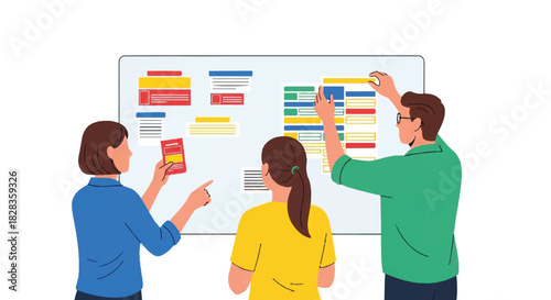 Creative Team Planning Visual Workflow on a Board for Efficient Project Management