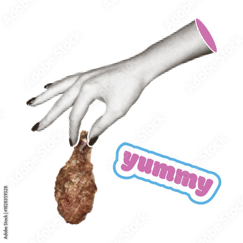 Pop Art Collage Illustration of Vintage Hand Holding Fried Chicken Drumstick with Yummy Sticker
