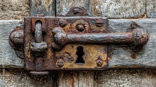 cynic. Antique prison door lock with rusted keyhole, heavy iron construction and patina on weathered wood. real-estate listings.