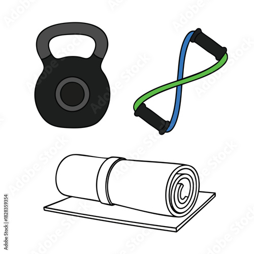 Fitness equipment flat design vector icon set for home workout and strength training