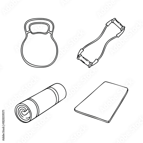 Fitness equipment flat line vector icon set for home workout and resistance training