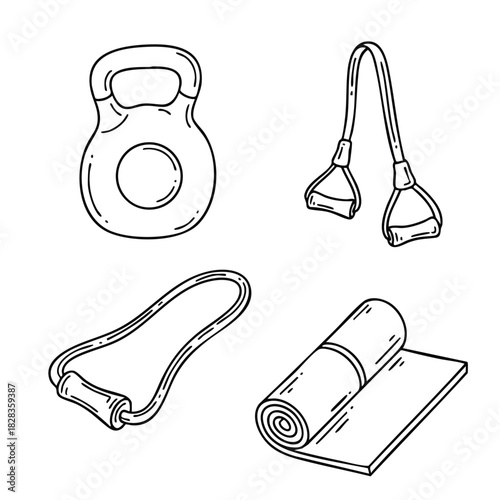 Resistance training flat design vector icon set for home workout and fitness equipment