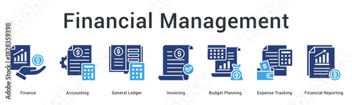 Financial management banner web icon covers accounting ledger invoicing budget planning and expense tracking comprehensively.