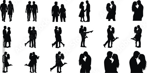 Romantic couple silhouettes set, various poses, love, affection, relationship, romance, intimate, embrace, kiss, walking, dancing, black, vector, illustration, graphic, dynamic.