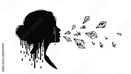 Woman's silhouette cries melting tears, releasing shattered diamonds, symbolizing emotional pain and broken dreams.