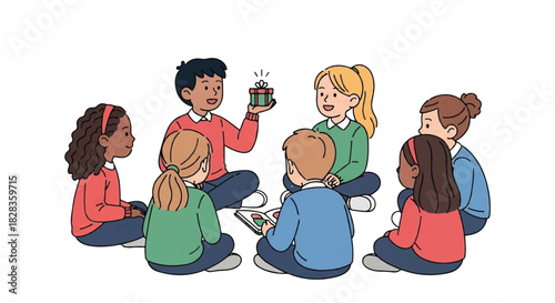 Diverse group of children sitting in a circle sharing the joy and wonder of a glowing gift
