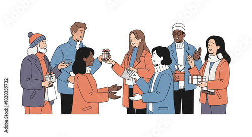 Joyful Exchange People Giving and Receiving Holiday Gifts Illustration