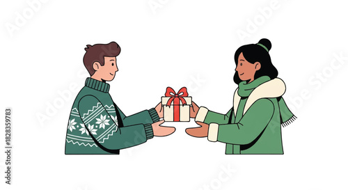 A young man gives a wrapped present to a woman in winter clothing, a concept of holiday sharing and generosity