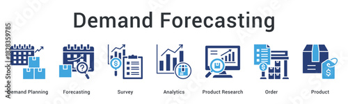 Demand forecasting banner web icon utilizing surveys and analytics for product research and order planning.